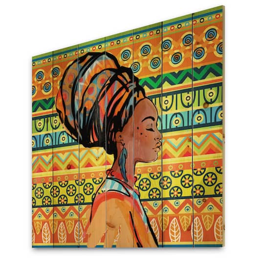 Designart - African American Woman with Turban III - Modern Print on Natural Pine Wood
